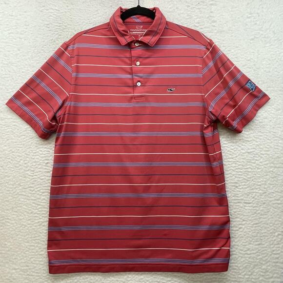 Vineyard Vines Polo Shirt Mens Medium Red Striped Performance Golf RFR Whale - Picture 1 of 12